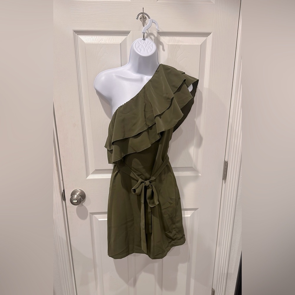 Olive green Small over one shoulder dress.